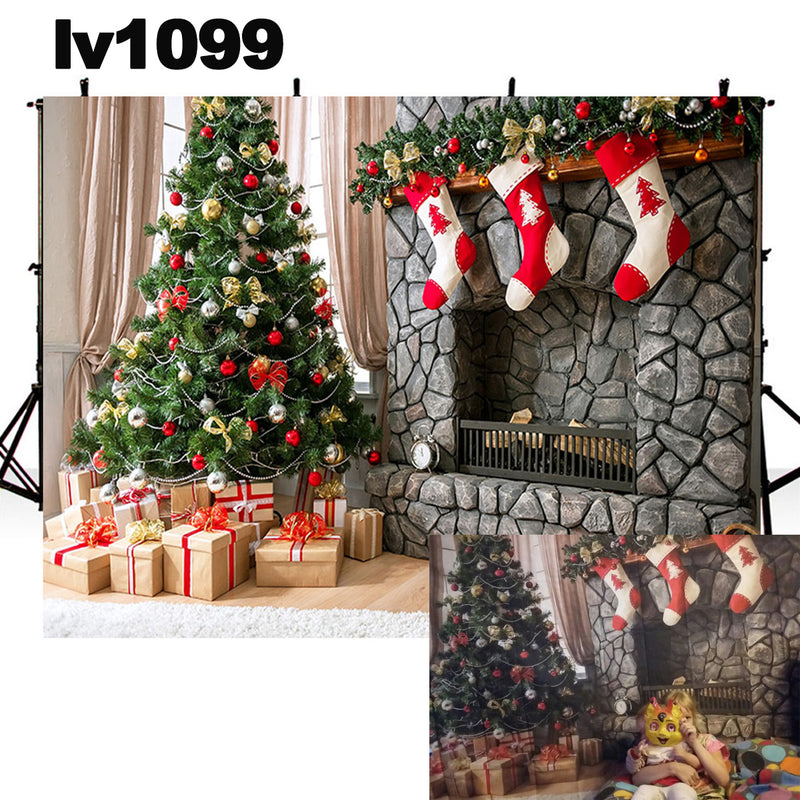Christmas tree photo props Xmas socks fireplace photo backdrop merry Christmas photography background photo booth props home party decor Vinyl Fabric backdrops