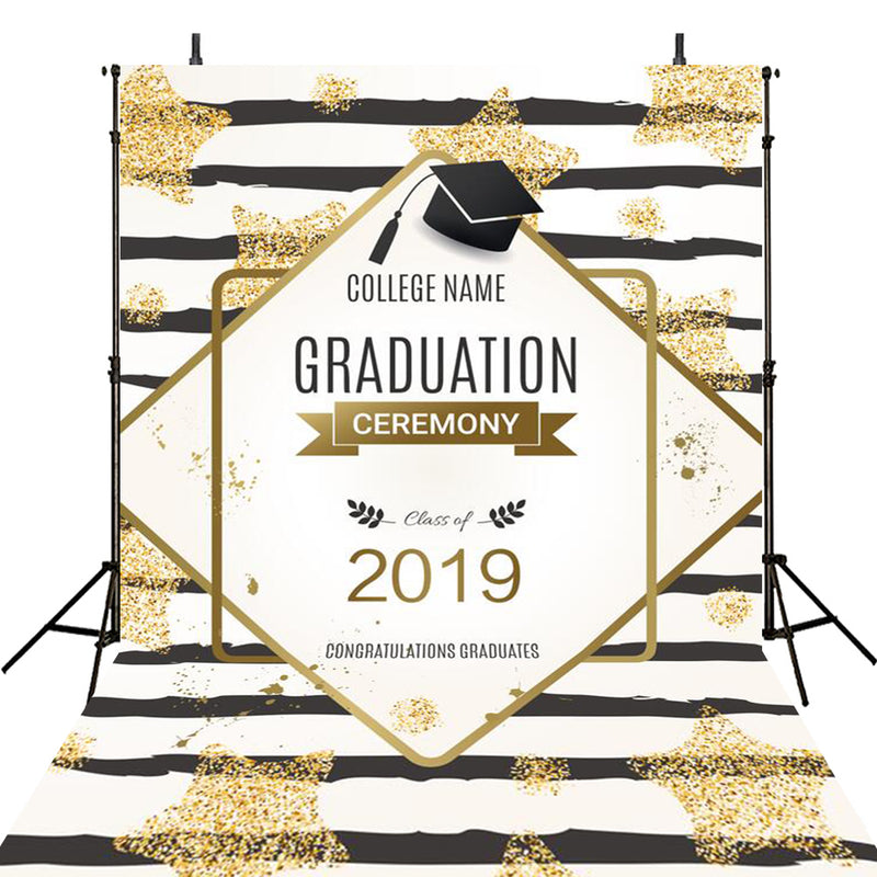 custom school photo booth props black and golden 2019 graduation photo backdrop Bachelor cap graduation photo backdrop for high school vinyl background black n white stripes photo props for teenages