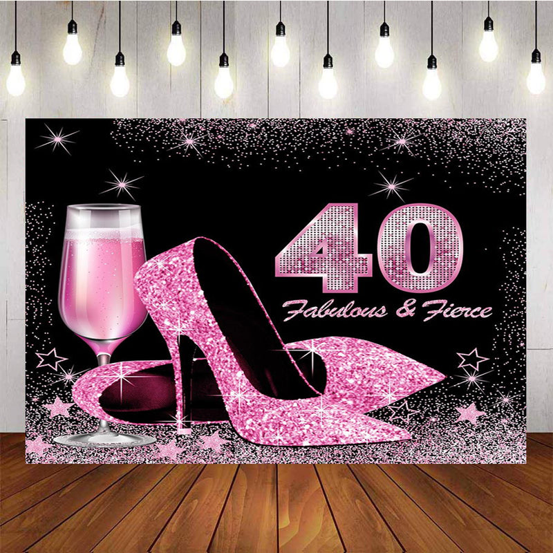 Happy 40th Birthday Party Photography Backdrops High Heels Wine Balloon Purple Glitter Photographic Background for Photo Studio