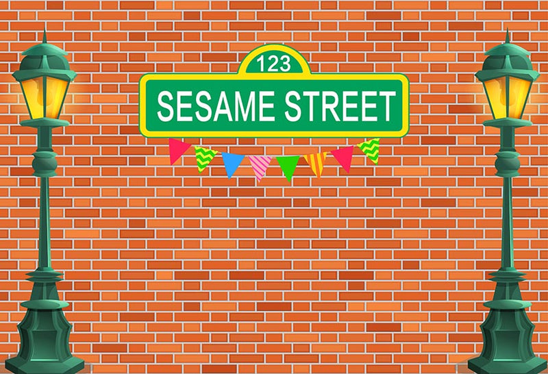 Customized Sesame Street Photography Background Street Light Dark Red Bricks Wall Birthday Party Photo Studio Backdrop Kids Birthday Banner Photo Prop