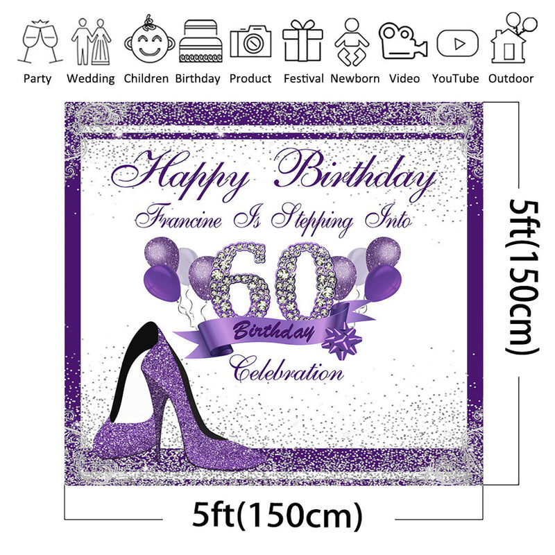 Custom Name 60th Birthday Photography Background for Women Purple Sliver Shine Heels Birthday Banner Photo Studio Vinyl Photo Prop