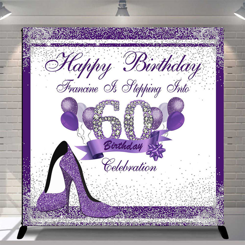 Custom Name 60th Birthday Photography Background for Women Purple Sliver Shine Heels Birthday Banner Photo Studio Vinyl Photo Prop