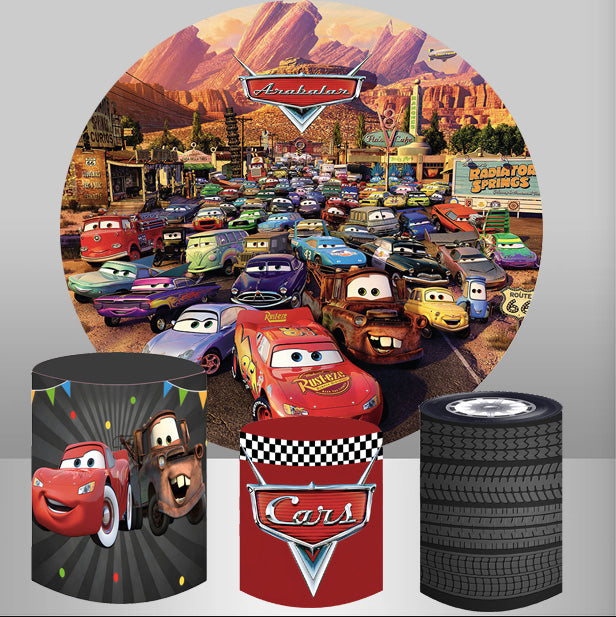 Racing Car Round Backdrop Cars Birthday Circle Background Cylinder Pli ...