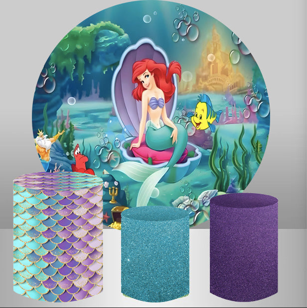 Customize Round Backdrops Cover Fish Under the Ocean Circle Background Girls Birthday 3pcs Cylinder Plinth Covers Decorations