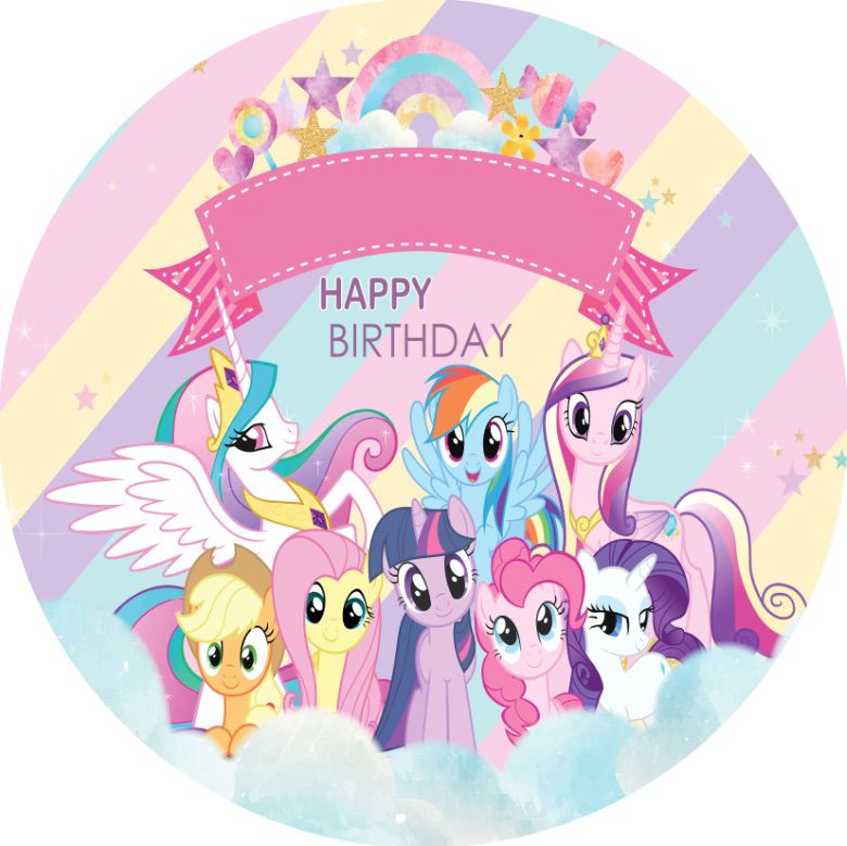 Toile de fond ronde personnalisée avec nom d'anniversaire, mon petit poney, décor de fête d'anniversaire pour filles, arrière-plan de Table à gâteau circulaire 