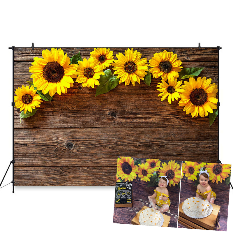 Sunflower Brown Wood Backdrops for Photography Rustic Child Baby Shower Birthday Party Banner Baby Cake Smash Photo Background