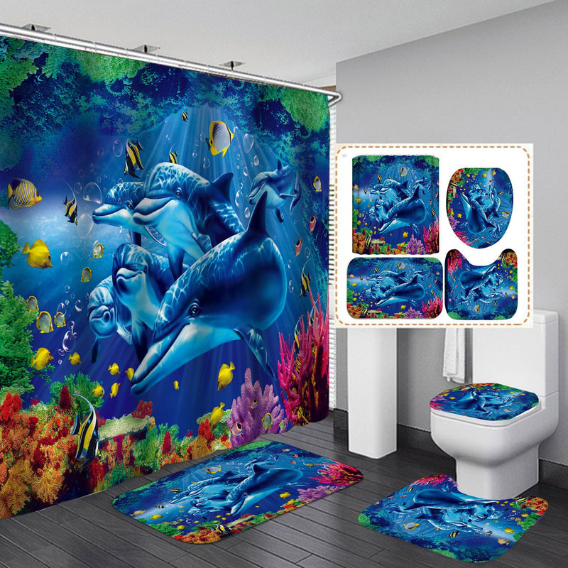 Under the Sea Shower Curtain Waterproof Set Home Decor Ocean Dolphin Bath Mat Toilet Lid Cover Flannel Bathroom Carpet 4 Piece Set