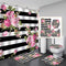 Pink Flowers Shower Curtain Bathroom Curtains Black White Stripes Bath Carpet Anti-slip Mats Doormats Soft Toilet Rugs 4 pieces Set Home Decoration