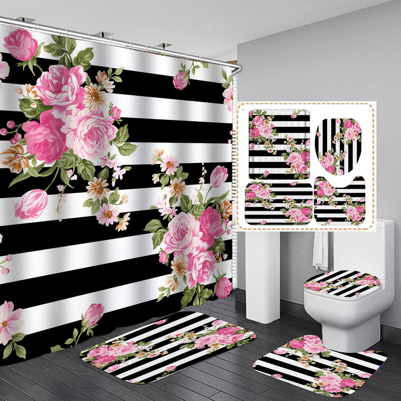 Pink Flowers Shower Curtain Bathroom Curtains Black White Stripes Bath Carpet Anti-slip Mats Doormats Soft Toilet Rugs 4 pieces Set Home Decoration