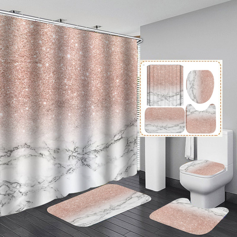 Marble Texture Shower Curtain Glitter Waterproof Set Home Decor Bath Mat Toilet Lid Cover Flannel Bathroom Carpet 4 Piece Set