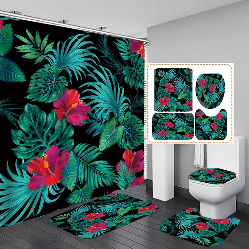 Green Leaf Shower Curtain Flowers Bathroom Bath Carpet Anti-slip Mats Doormats Soft Toilet Rugs 4 pieces Set Home Decoration